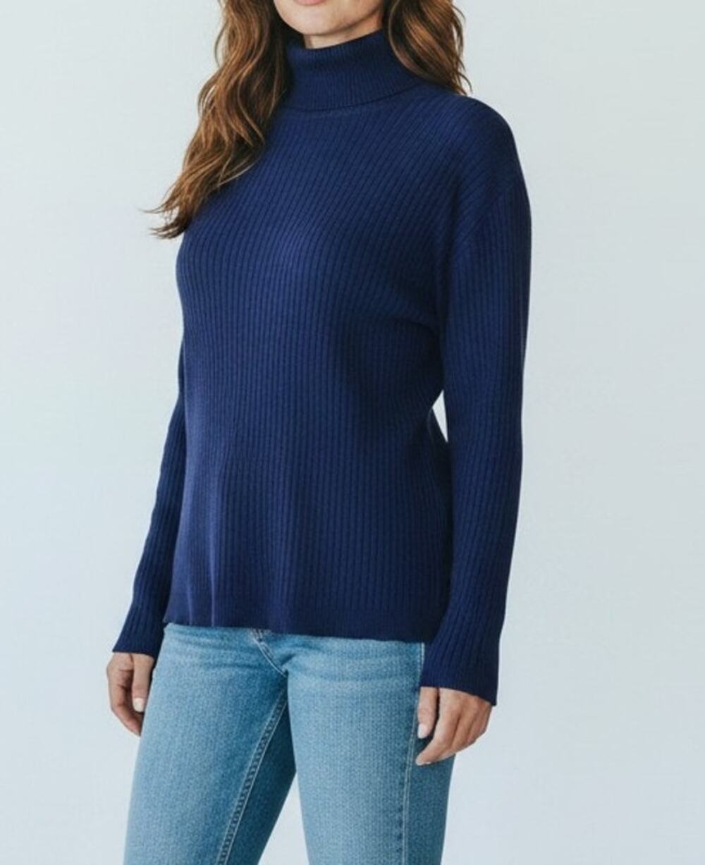 Chico's Size 3 Silk Rayon Nylon Ribbed Turtleneck US Size XL Blue